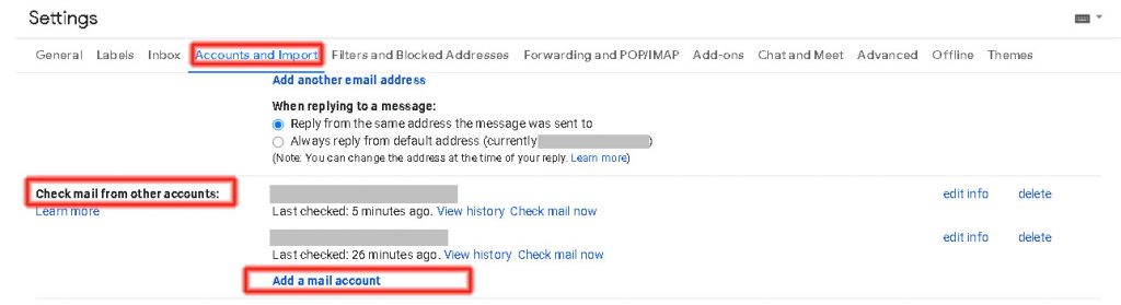 Gmail. Accounts and Import, Check mail from other accounts