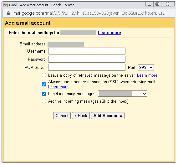 Gmail. Enter POP3 email settings